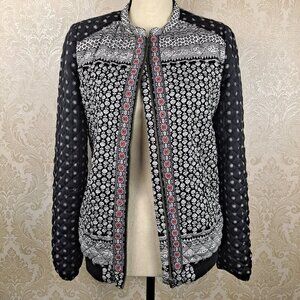 Roxy Size Medium Full Zip Quilted Black & White Patterned Jacket Pink Accents